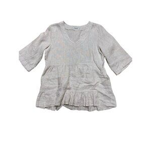 Laura Bianchi Italy 100% Linen Blouse L Beige Peplum Tunic